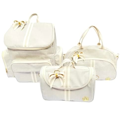 Conjunto de Bolsas Maternidade Luxo, 3 Peças, Mochila e Bolsas com Laço Decorativo, Bege com Detalhes Dourados
