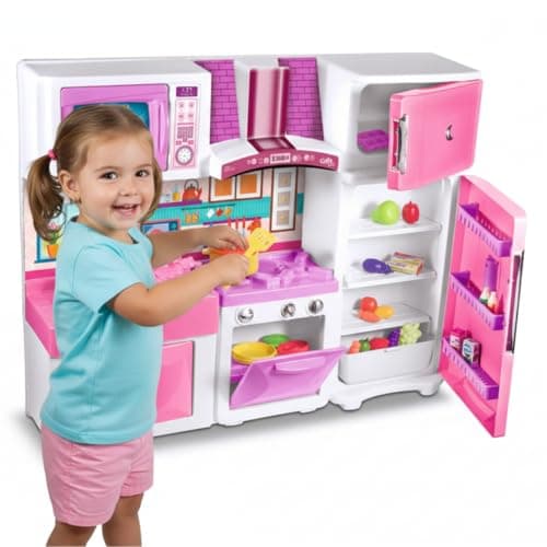 Cozinha Infantil Completa com Fogão, Forno, Micro-ondas, Geladeira e Pia – Rosa e Branca – Brinquedo Educativo com Acessórios