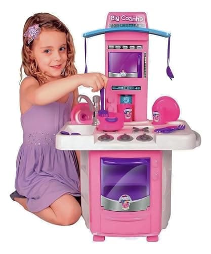 Cozinha Brinquedo Infantil Completa com Forno, Fogão, Micro-ondas, Torneira e Pia com Água de Verdade, Acessórios Inclusos, Brinquedos Inclusos, Cozinha, Comidinha, Panelinhas, Big Star Rosa Menina.